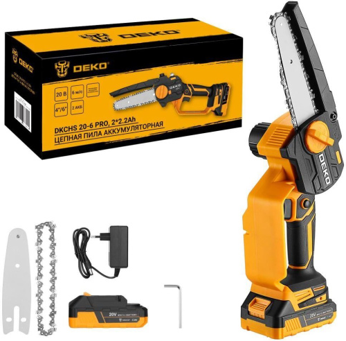 картинка Пила цепная аккумуляторная DEKO DKCHS 20-6 PRO, 4" и 6", 20В, 2x2.2Ач, 2 шины и 2 цепи 083-2011 магазин Tovar-RF.ru являющийся официальным дистрибьютором в России картинка Пила цепная аккумуляторная DEKO DKCHS 20-6 PRO, 4" и 6", 20В, 2x2.2Ач, 2 шины и 2 цепи 083-2011 от магазина Tovar-RF.ru