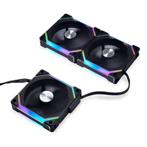 картинка lian li g99.12slv23b.r0 комплект вентиляторов (3шт.) uni fan sl120 v2 black /uf-sl120v2-3b/ 120х120х28мм (pwm, argb, 250-2000 об/мин, 29.2dba)  от магазина Tovar-RF.ru