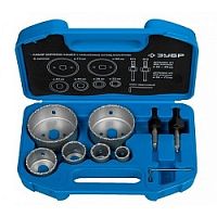 картинка ЗУБР Набор коронок-чашек "ПРОФЕССИОНАЛ" c карбид-вольфрамовым нанесением, 6 коронок-чашек O 22, 28, 35, 44, 68, 73 мм, 2 державки со сверлами, ключ [33360-H6_z01] от магазина Tovar-RF.ru