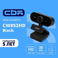 картинка cbr cw 852hd black, веб-камера с матрицей 1,3 мп, разрешение видео 1280х720, usb 2.0, встроенный микрофон с шумоподавлением, фикс.фокус, крепление на мониторе, длина кабеля 1,5 м, цвет чёрный от магазина Tovar-RF.ru