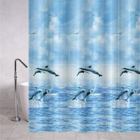 картинка Штора САНАКС 06-07 Штора с рисунком, дельфины, матовая, в ванную комнату, с кольцами, PEVA, 180 х 180 см. от магазина Tovar-RF.ru
