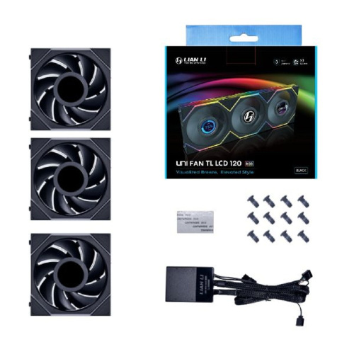 картинка lian li g99.12tllcd3b.r0 комплект вентиляторов (3шт.) uni fan tl lcd 120 black /12tllcd3b/ 120х125х28мм (1.6” lcd дисплей, pwm, argb, 200-1900 об/мин, 27dba)  от магазина Tovar-RF.ru