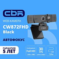 картинка cbr cw 872fhd black, веб-камера с матрицей 5 мп, разрешение видео 1920х1080, usb 2.0, встроенный микрофон с шумоподавлением, автофокус, крепление на мониторе, шторка, длина кабеля 1,8 м, цвет чёрный от магазина Tovar-RF.ru