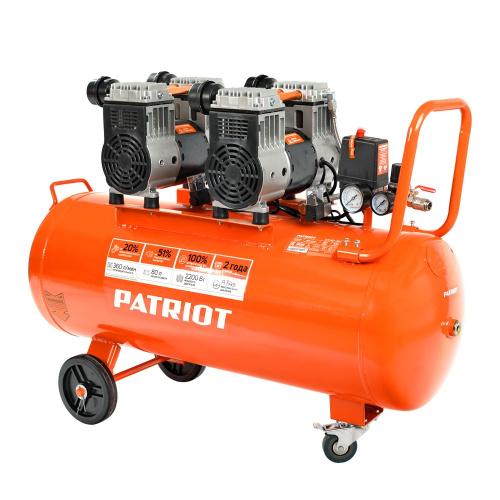 картинка компрессор patriot поршневой безмасляный wo 80-360 [525301930] { 360 л/мин, 8 бар, 2200 вт, 80 л, быстросъем и "елочка" с вентилем } от магазина Tovar-RF.ru