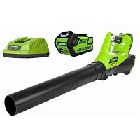 картинка Greenworks Воздуходув аккумуляторный G40ABK4, {40V, с 1хАКБ 4 А.ч и ЗУ} [2400807UB] от магазина Tovar-RF.ru
