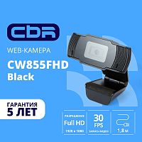 картинка cbr cw 855fhd black, веб-камера с матрицей 3 мп, разрешение видео 1920х1080, usb 2.0, встроенный микрофон с шумоподавлением, фикс.фокус, крепление на мониторе, длина кабеля 1,8 м, цвет чёрный от магазина Tovar-RF.ru